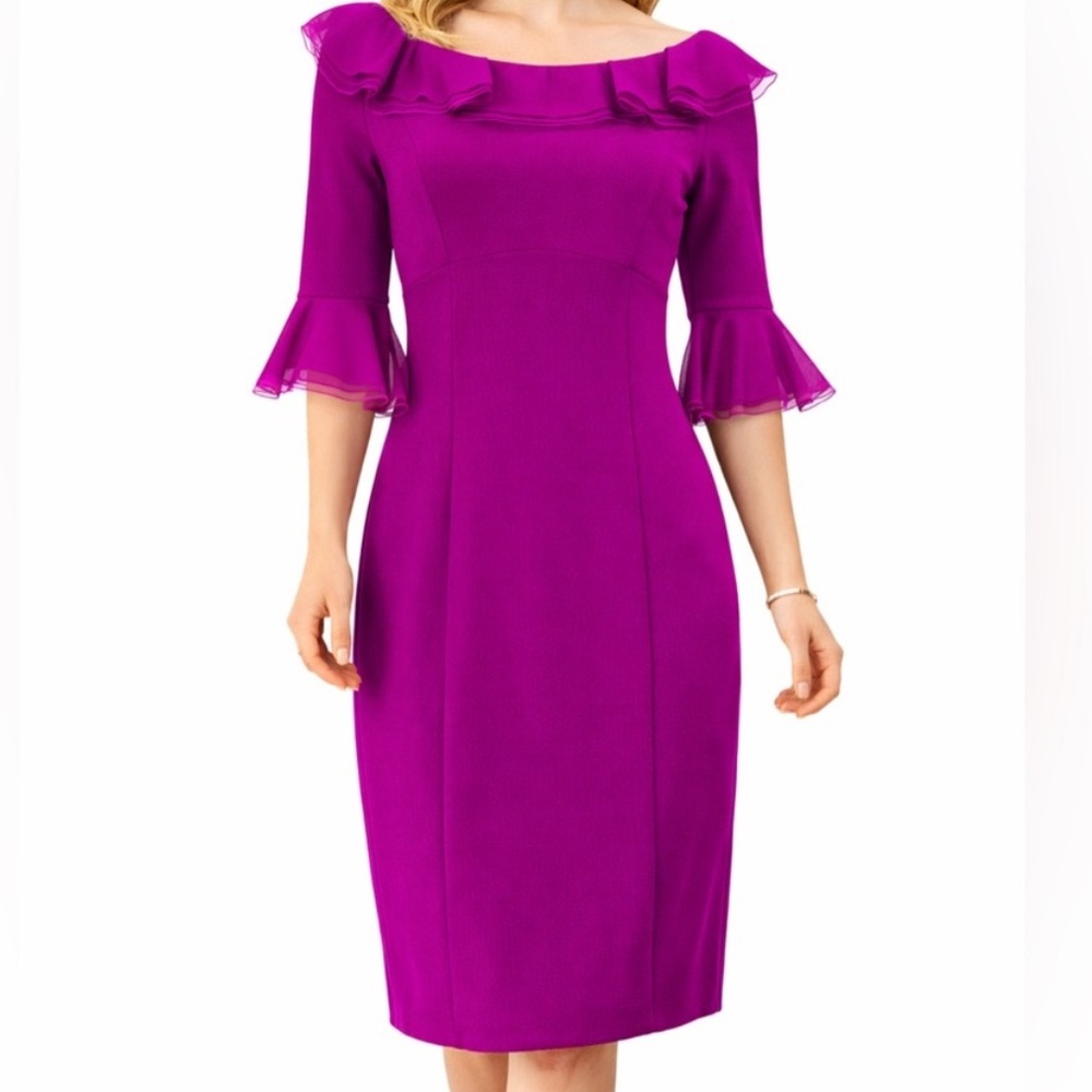 NWT NUE by Shani Fuchsia Ruffled 3/4 Sleeve Sheath Dress